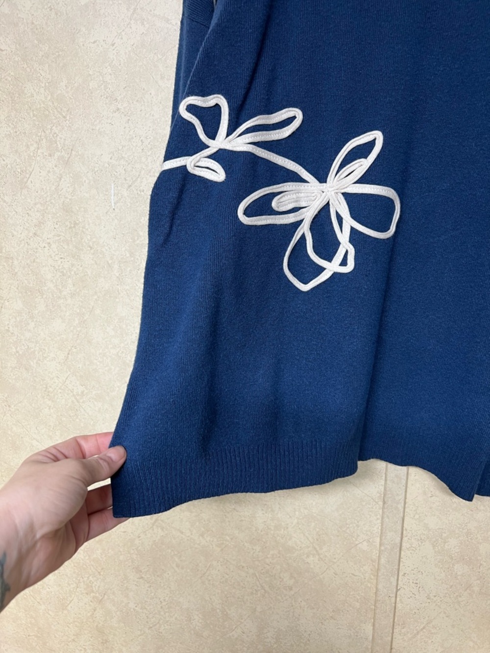 Chico's navy mock neck white floral embroidered long sleeve sweater - Picture 6 of 11